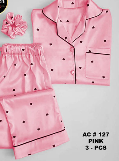 Silk Night Suit For Women With Ponytail (pink)